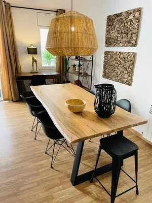 a dining room table with a bowl on top of it at Stunning 2 bedroom Apartment with great design Sitges centre beach in Sitges