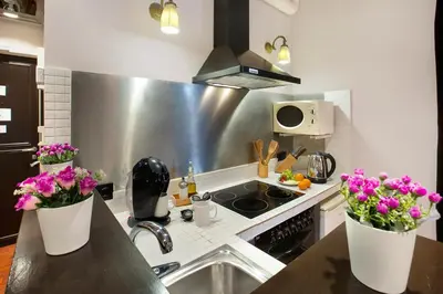 a kitchen with two vases of flowers on a counter at Stay U-nique Apartments Carretes in Barcelona