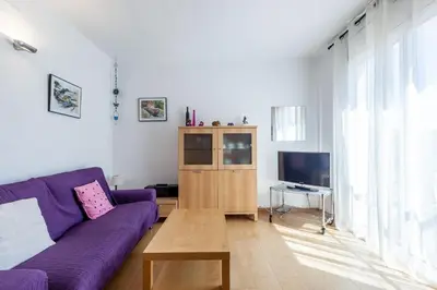a living room with a purple couch and a tv at Stay U-nique Apartments Industria in Barcelona