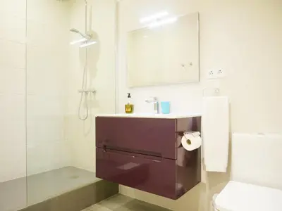 a bathroom with a sink and a toilet and a mirror at Stay U-nique Apartments Manso in Barcelona