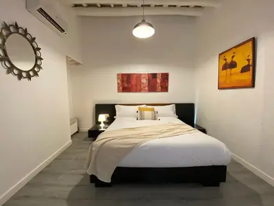 a bedroom with a large bed and a mirror at The Yellow House by MyRentalHost in Barcelona