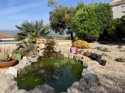 a koi pond in a yard with rocks and plants at Apartamento entero con vistas panorámicas in Avinyonet