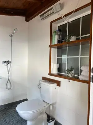 a white bathroom with a toilet and a shower at La Bruixa Rural in Dosríus