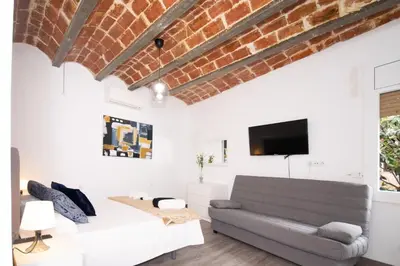 a living room with a couch and a tv at Apartahotel Casa Batito in Hospitalet de Llobregat