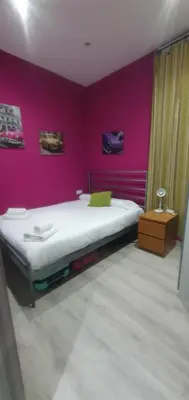 a bedroom with a large bed with a pink wall at Apartamento Rosellón in Barcelona