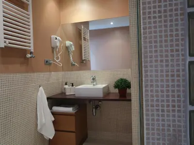 a bathroom with a sink and a mirror at Apartments BCN Central-Montjuic in Barcelona