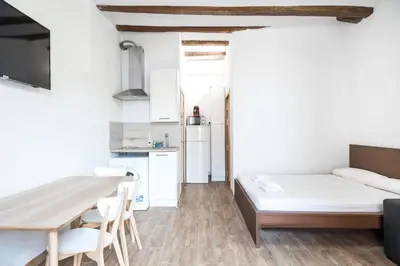 a small apartment with a bed and a table at Homenfun Barcelona Studio Camp Nou II in Hospitalet de Llobregat