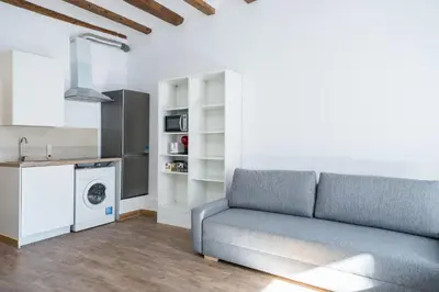 a living room with a couch and a kitchen at Homenfun Barcelona Studio Camp Nou II in Hospitalet de Llobregat