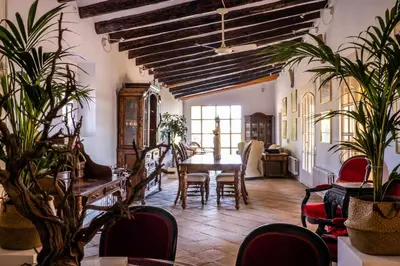 a dining room with a table and chairs and plants at Lidia's Rural House (HUTB-0615) in Barcelona