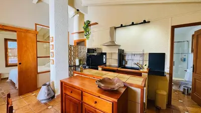 a kitchen with a counter and a sink in it at Apartment with private pool and garden in San Martín Sarroca