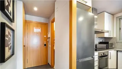 a kitchen with a refrigerator and a wooden door at HOSTAL BEDMATES in Barcelona