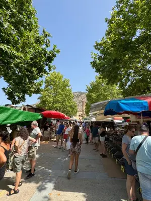 a crowd of people walking around an outdoor market at Casa acogedora al pie de Montserrat in Collbató