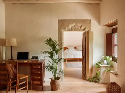 a bedroom with a bed and a desk and a mirror at Les Canes in Aiguafreda