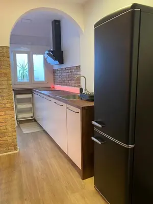 a kitchen with a black refrigerator and a window at Casa adosada a 20 min centro de Barcelona in Hospitalet de Llobregat