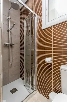 a bathroom with a shower and a toilet with a glass door at Magical Design With Terrace in Hospitalet de Llobregat