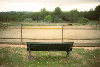 a park bench sitting in front of a fence at Masia en plena naturaleza y tranquilidad in San Quintín de Mediona