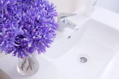 a vase filled with purple flowers sitting on a counter at Casa Maca Guest House in Barcelona