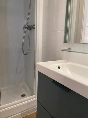 a white bathroom with a sink and a shower at Liceu Apartments by gaiarooms in Barcelona