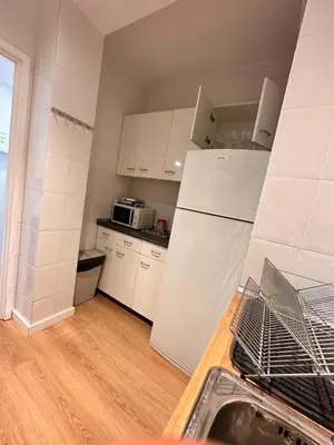 a kitchen with white cabinets and a white refrigerator at Plaza Spain Barcelona Apartments in Barcelona