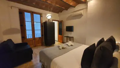 a bedroom with a bed and a couch and a television at Barrio Gotico Apartments Escudellers in Barcelona