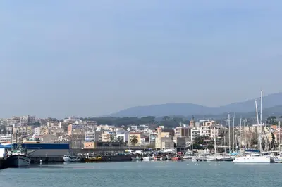 a group of boats in a harbor with a city at Hostal La Premsa in Arenys de Mar