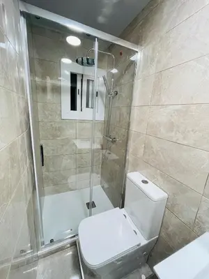 a bathroom with a white toilet and a shower at LOVELY APARTMENT Barca 2 in Sant Adria de Besos