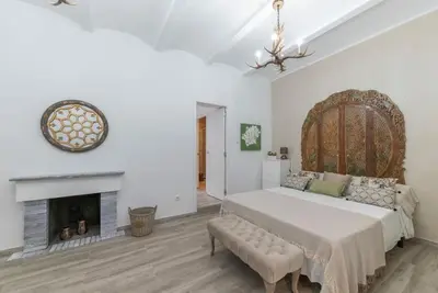 a bedroom with a large bed and a fireplace at Edard's Great House in Castelldefels