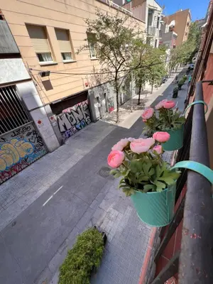 a group of flowers in buckets on a balcony at Sagrada Familia- Excelente Ubicación in Barcelona