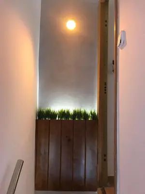 a room with a wooden door with plants on it at Piso céntrico con Parking a 20min de Barcelona in Terrassa