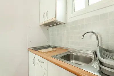 a kitchen with a stainless steel sink and white cabinets at SAGRADA FAMILIA APARTAMENT in Barcelona