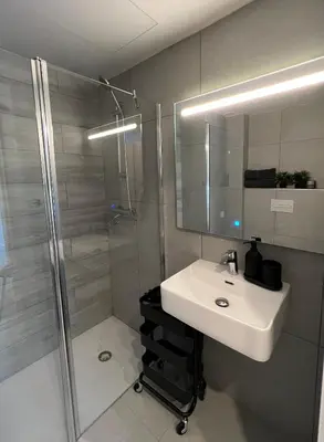 a bathroom with a sink and a shower at Topdown Apartments in Hospitalet de Llobregat