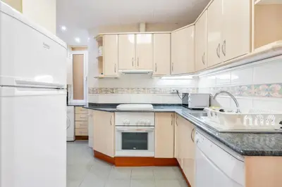 a white kitchen with a sink and a refrigerator at Plaza Espanya Apartment in Barcelona