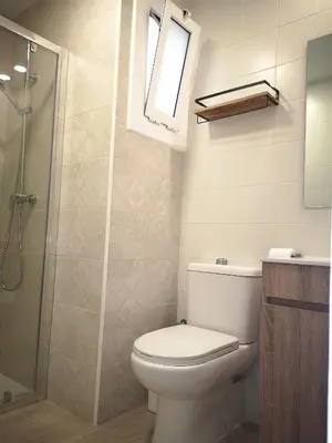 a bathroom with a toilet and a shower and a window at ÁTICO FRENTE AL MAR in Canet de Mar