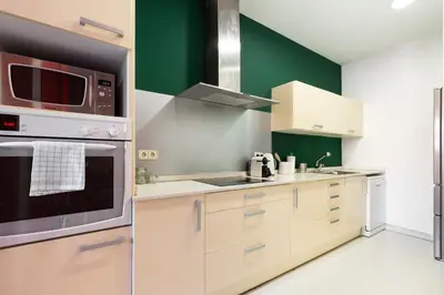 a kitchen with white appliances and green walls at Moianes Apartment by Olala Homes in Barcelona