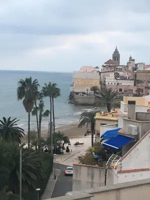 a view of a beach with palm trees and buildings at Sitges in centrum close to the beach in Sitges