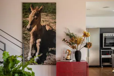 a painting of a horse on a wall at 4 BR vila 25 minutes to Barcelona Fantastic sea views pool in Alella