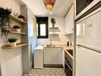 a small kitchen with a sink and a refrigerator at Sants Montjuic Olympic View in Barcelona