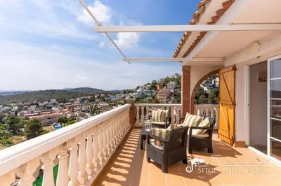 an overhead view of a swimming pool with a table and a table at Charming Spanish Villa private pool / Sea views in Sitges