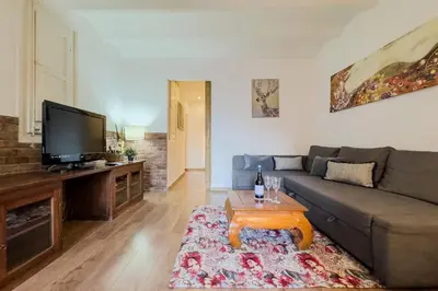 a living room with a couch and a tv at Cozy Place next to Park Güell in Barcelona