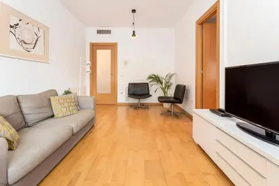 a living room with a couch and a flat screen tv at The Collection Barcelona - Spacious and Elegant 4 Bedroom with Private Terrace in Barcelona