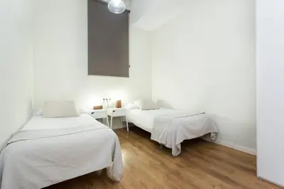 a kitchen with gray cabinets and stainless steel appliances at The Collection Barcelona - Bright and modern 4bedroom with terrace in Las Ramblas P2 in Barcelona