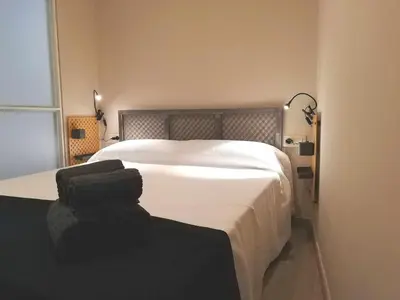a bedroom with a large bed with white sheets at Mazi Apartments Chic in Badalona
