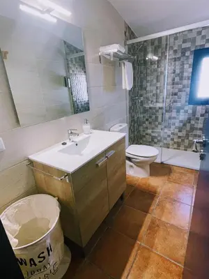 a bathroom with a sink and a toilet and a mirror at Masia St Salvador 1582 in Cubelles