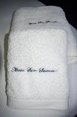 a white towel with the words winter new sanitation on it at Masia St Salvador 1582 in Cubelles