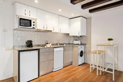 a kitchen with white cabinets and a sink and a dishwasher at Lodging Apartments Liceu 11 in Barcelona