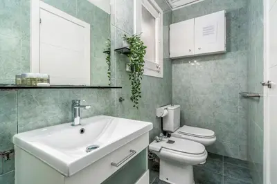 a bathroom with a sink and a shower at Arc de Triomf Base 4BR for 5 Lift in Barcelona