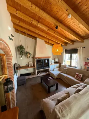 a living room with a couch and a fireplace at Molí den burch in Santa Eulalia de Ronsaná
