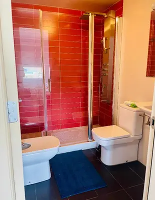 a bathroom with a shower and a toilet and a sink at Forum de Barcelona Sea View Apartment with Garage Parking in Sant Adria de Besos