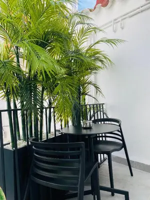 a black table and chairs in a room with palm trees at Elite Hotel - Gay Men Only in Sitges