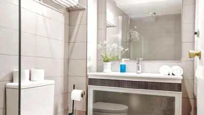 a bathroom with a sink and a toilet and a mirror at BizFlats Garden House in Barcelona